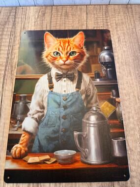 Barista Kitty Metal Sign Cute Cat Coffee Shop Cat Metal Home Decor FAST SHIP